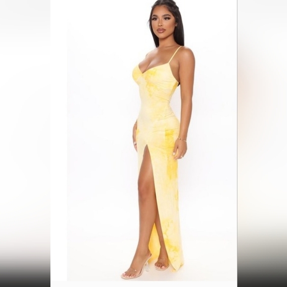 Fashion Nova Dresses & Skirts - Yellow Spaghetti-Strap Maxi Dress with Front Slit 16 inch p2p 59 inch long